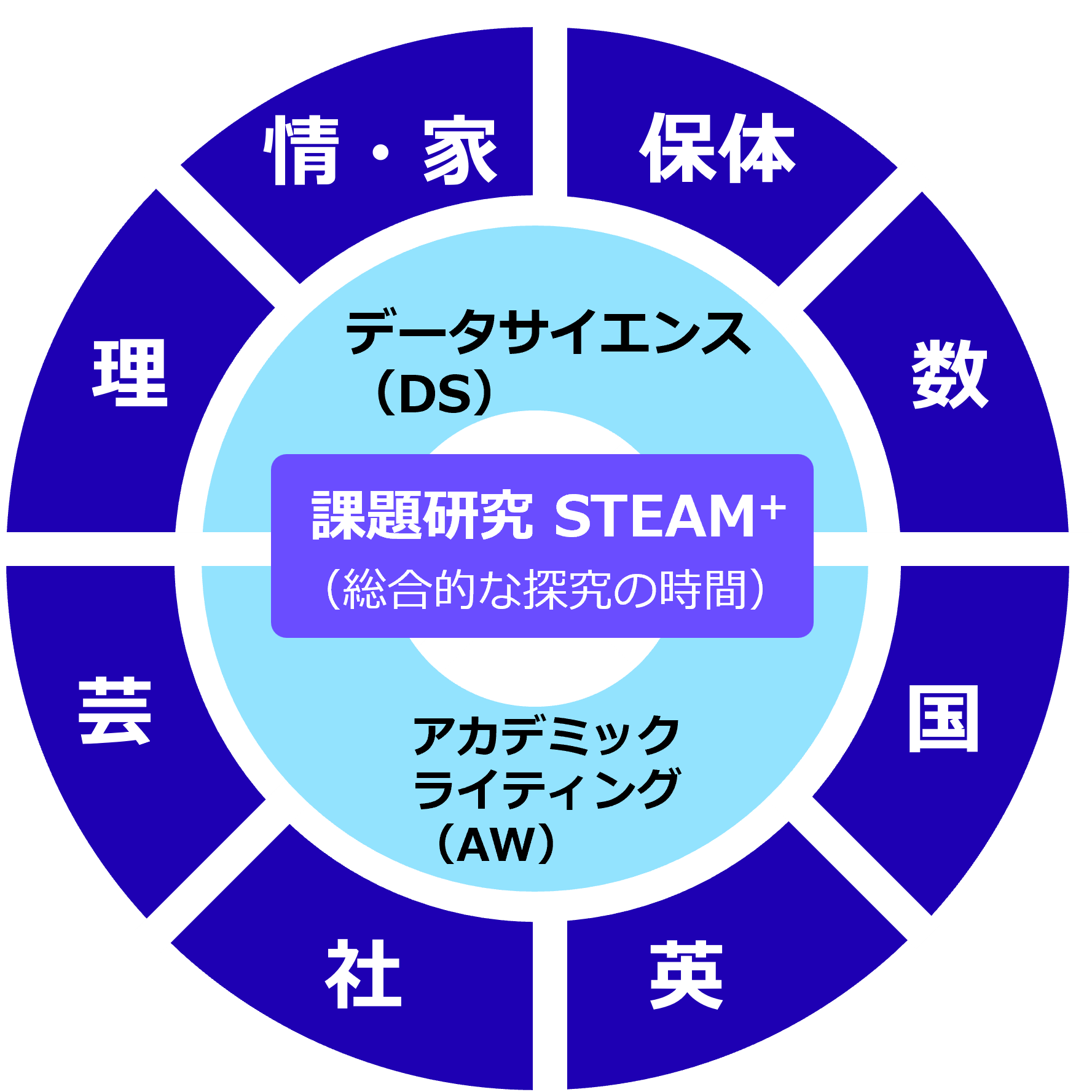 データサイエンスとアカデミックライティングを中心に教科がつながる図
